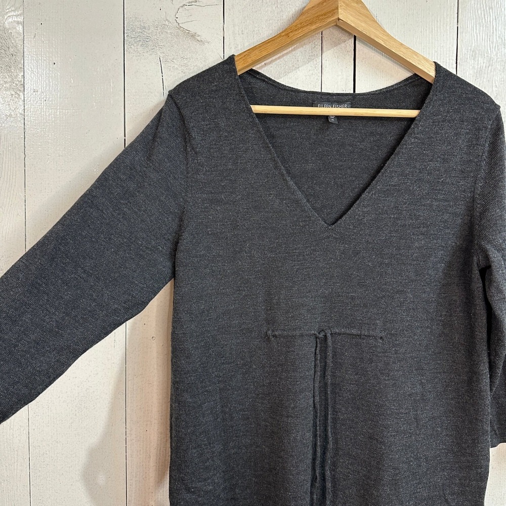 Eileen Fisher 100% Italian Merino Wool V Neck Midi Sweater Dress Charcoal Gray M - Picture 4 of 6